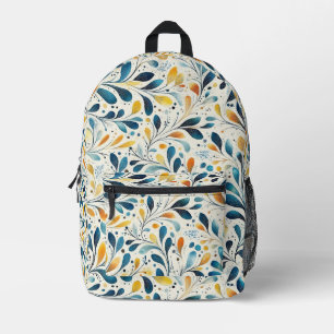 Mochila Impresa Patrón de hojas de paisley azul y dorada (2)