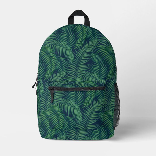 Mochila Impresa Patrón de hojas de palma tropical verde nocturno (Anverso)