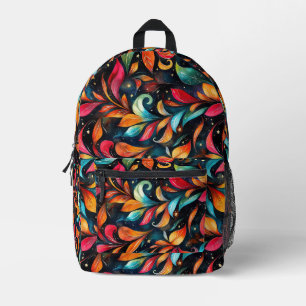 Mochila Impresa Patrón de hojas espumosas coloridas - fondo negro