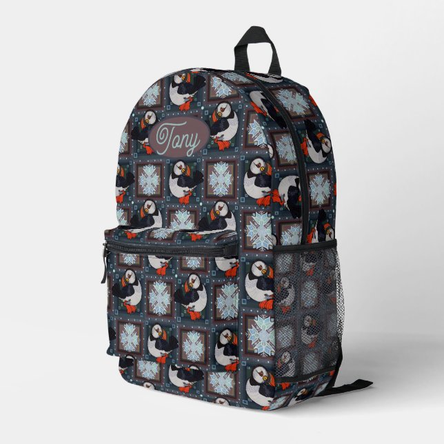 Mochila Impresa Patrón de invierno de Aves de Puffin Cutáneo (Esquina derecha trasera )