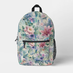 Mochila Impresa Patrón de libélula floral acuarela