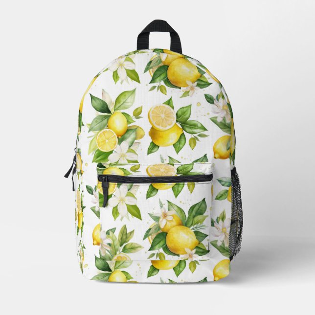Mochila Impresa Patrón de limón, flores de limón, hojas, cítricos (Anverso)