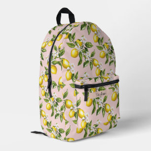 Mochila Impresa Patrón de limón y flores de época sobre rosa (2)
