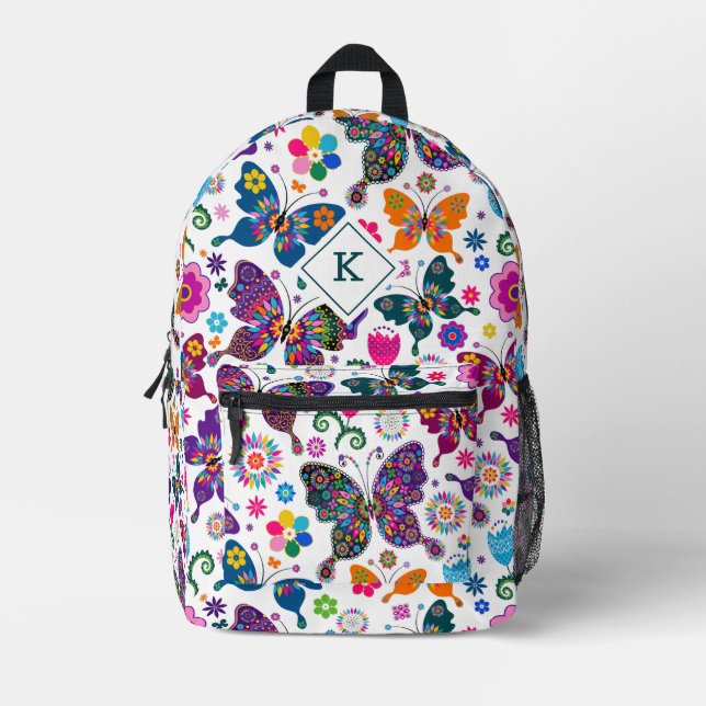 Mochila Impresa Patrón de mariposas retro coloridas sobre blanco (Anverso)