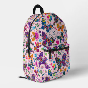 Mochila Impresa Patrón de mariposas retro coloridas sobre rosa