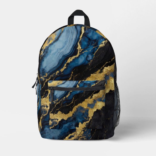 Mochila Impresa Patrón de mármol azul con oro (Anverso)
