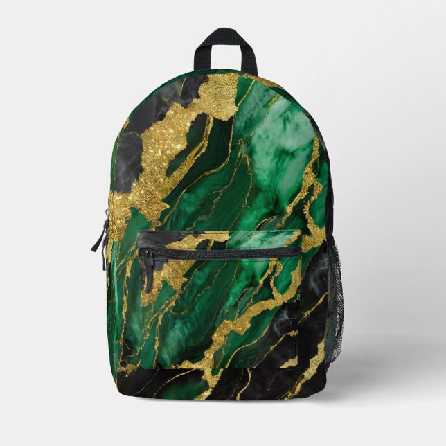 Mochila Impresa Patrón de mármol verde con oro (Anverso)