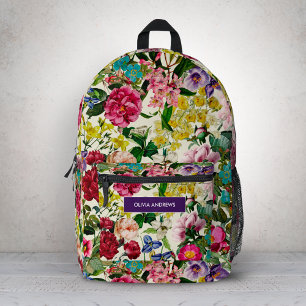 Mochila Impresa Patrón de monograma beige floral rosa vintage