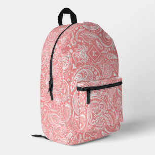 Mochila Impresa Patrón de monograma de cachemira vintage rosa y bl