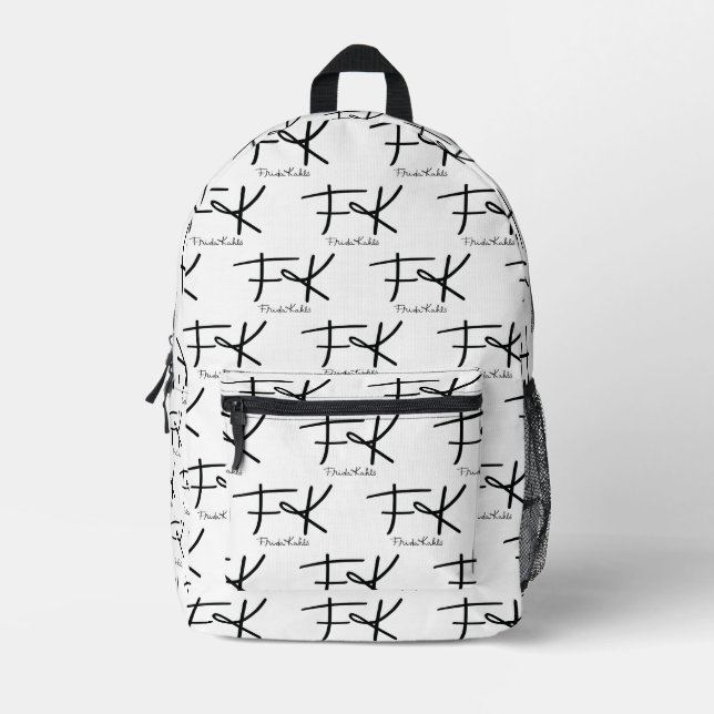 Mochila Impresa Patrón de monograma de Frida Kahlo "FK" con firma (Anverso)