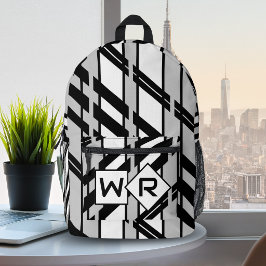 Mochila Impresa Patrón de Monograma de Silueta Abstracta Blanco y