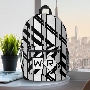 Mochila Impresa Patrón de Monograma de Silueta Abstracta Blanco y