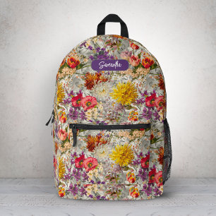 Mochila Impresa Patrón de monograma floral gris púrpura chic