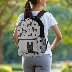 Mochila Impresa Patrón de perro pastor alemán negro con nombre gri