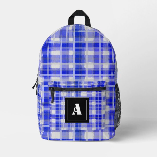 Mochila Impresa Patrón de plaid Gingham Check Monograma azul oscur (Anverso)