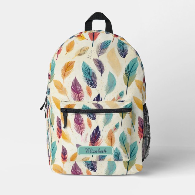 Mochila Impresa Patrón de plumas de boho de viticuledad (Anverso)