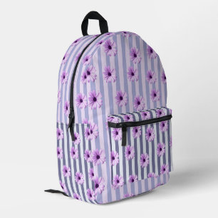 Mochila Impresa patrón de rayas con margaritas moradas