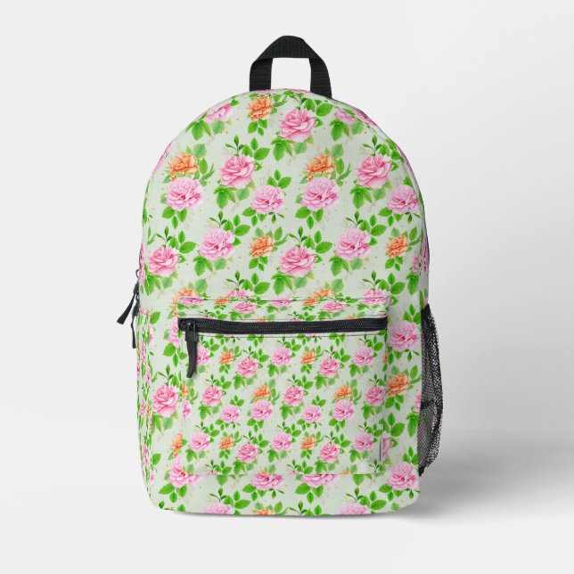 Mochila Impresa Patrón de Rosas Rosadas Florales (Anverso)