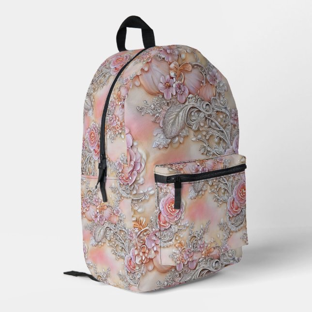 Mochila Impresa Patrón de rosas rosadas y plateadas en 3D (Esquina izquierda trasera)