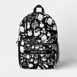 Mochila Impresa patrón de suministros escolares en blanco y negro