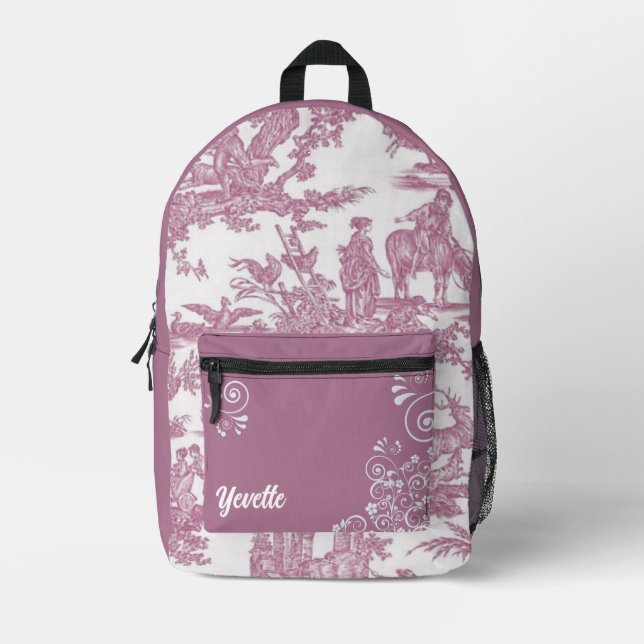 Mochila Impresa Patrón de tela malva y blanca francesa personaliza (Anverso)