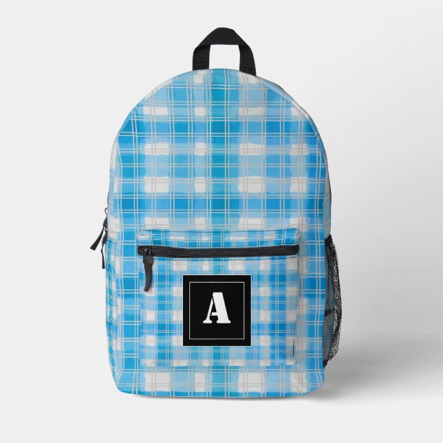 Mochila Impresa Patrón de traza Gingham Check Monograma azul claro (Anverso)