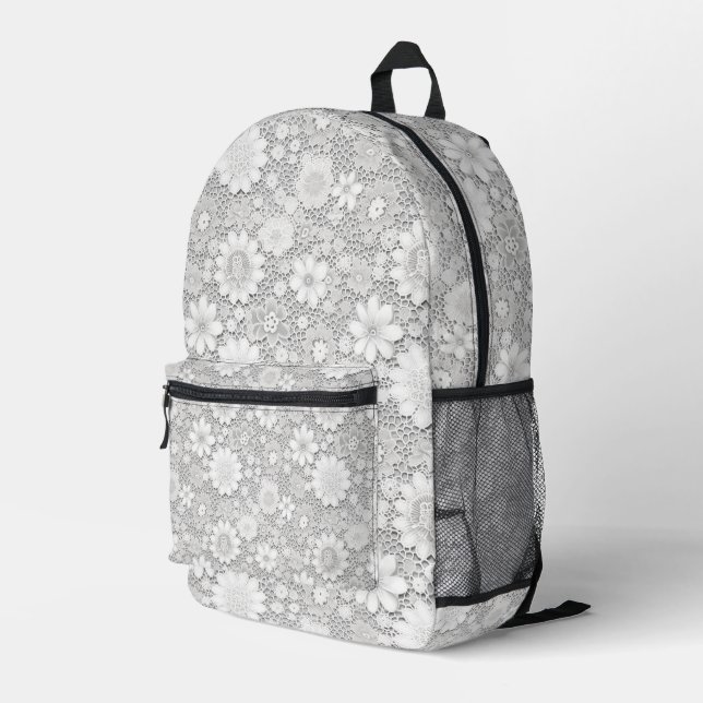 Mochila Impresa Patrón elegante de encaje floral blanco (Esquina derecha trasera )