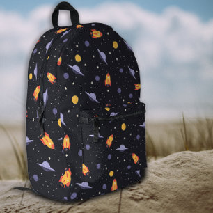 Mochila Impresa Patrón espacio lavanda naranja negro
