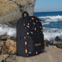 Mochila Impresa Patrón espacio lavanda naranja negro nombre