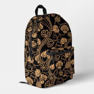 Mochila Impresa Patrón floral antiguo naranja sobre negro