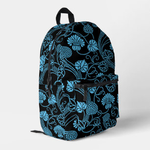 Mochila Impresa Patrón floral antiguo negro sobre azul