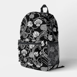 Mochila Impresa Patrón floral antiguo negro sobre blanco