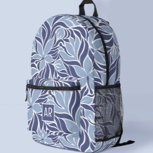 Mochila Impresa Patrón Floral Azul Moderno de Moda con Monograma