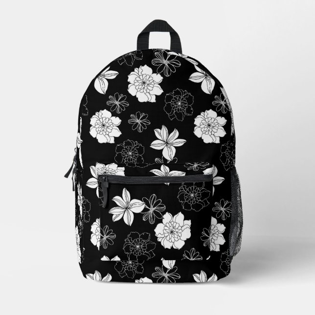 Mochila Impresa Patrón floral blanco y negro (Anverso)
