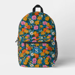 Mochila Impresa Patrón floral de color vintage rústico en azul (2)