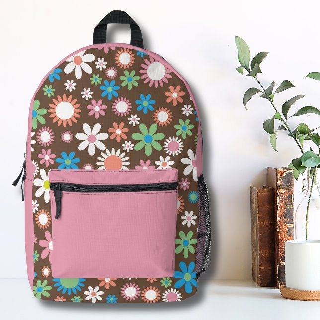 Mochila Impresa Patrón floral de margarita (Cute Groovy Brown Blue Green Retro Daisy Floral Printed Backpack)