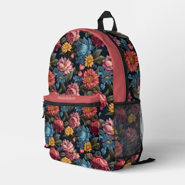 Mochila Impresa Patrón floral de nombre personalizado (Esquina derecha trasera )