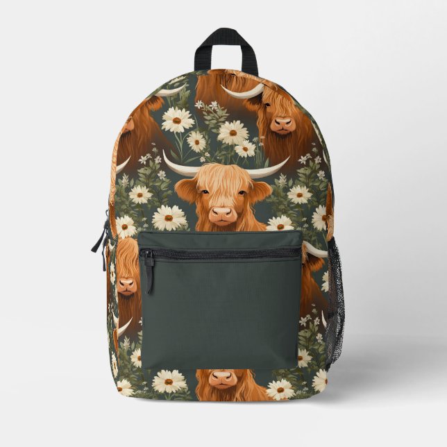Mochila Impresa Patrón floral de vaca de montaña (Anverso)