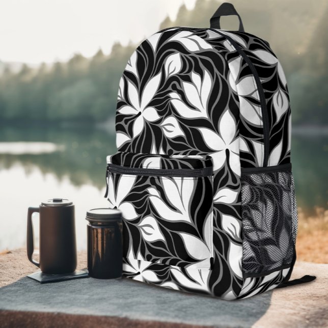 Mochila Impresa Patrón floral moderno blanco negro genial Flores (Cool Black White Modern Floral Pattern Flowers Printed Backpack)