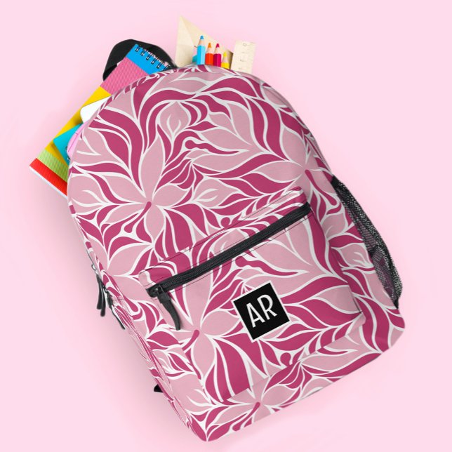 Mochila Impresa Patrón floral moderno de moda Monograma Guay rosa (Trendy Modern Floral Pattern Monogram Cool Pink Printed Backpack)