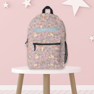 Mochila Impresa Patrón floral púrpura de gatito lindo