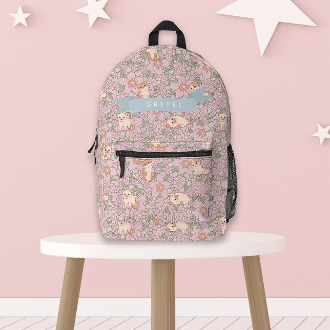 Mochila Impresa Patrón floral púrpura de gatito lindo (Subido por el creador)