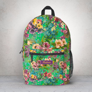 Mochila Impresa Patrón Floral Púrpura Vintage con Monograma Verde