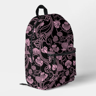Mochila Impresa Patrón floral retro rosa sobre negro