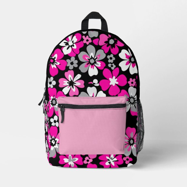 Mochila Impresa Patrón floral rosa gris blanco negro  (Anverso)