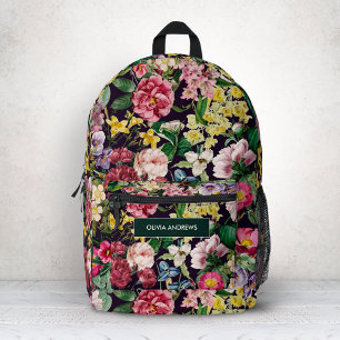Mochila Impresa Patrón Floral Rosa Vintage con Monograma Negro