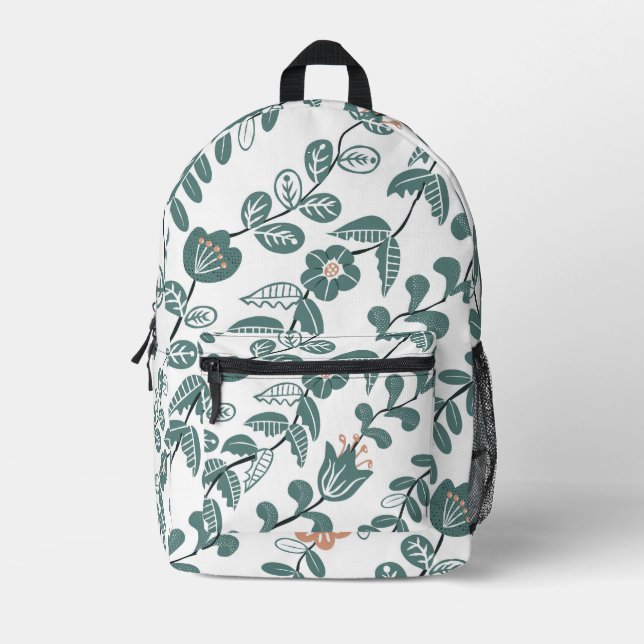 Mochila Impresa Patrón floral Verde azulado diagonal (Anverso)
