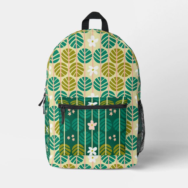 Mochila Impresa Patrón floral verde groovía retro boho (Anverso)