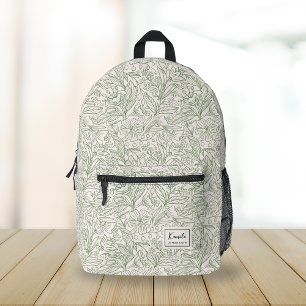 Mochila Impresa Patrón floral verde vintage con nombre de guión pe