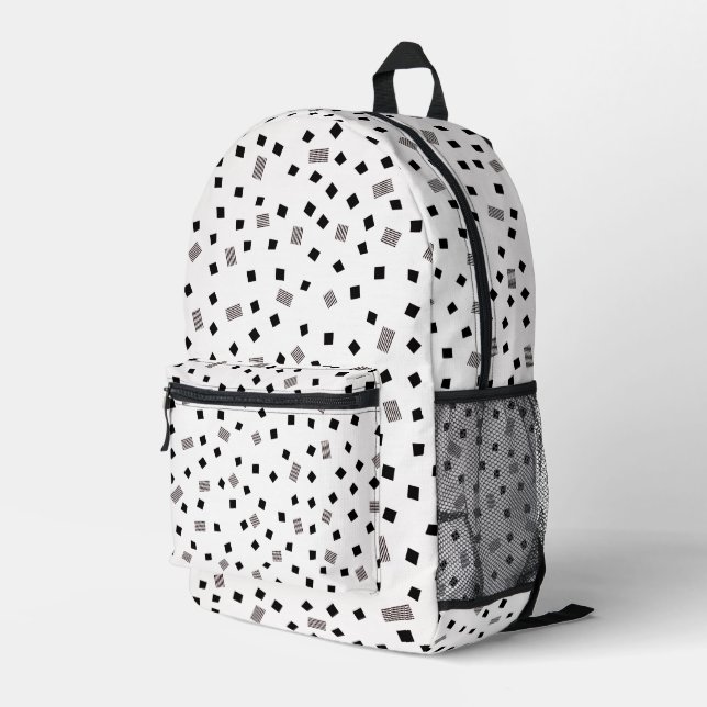 Mochila Impresa Patrón geométrico cuadrado blanco y negro (Esquina derecha trasera )